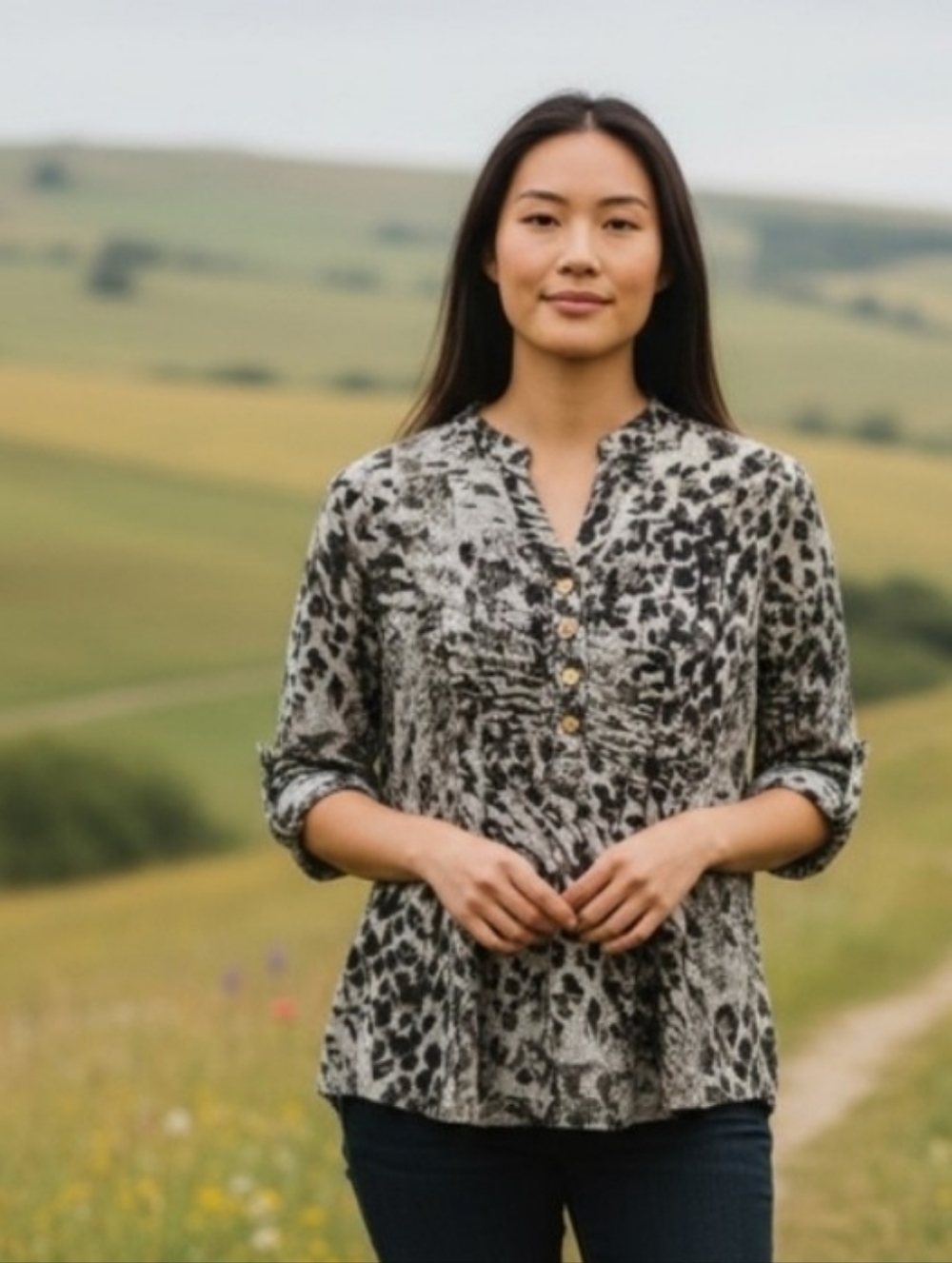 New Directions Gray Animal Print Blouse